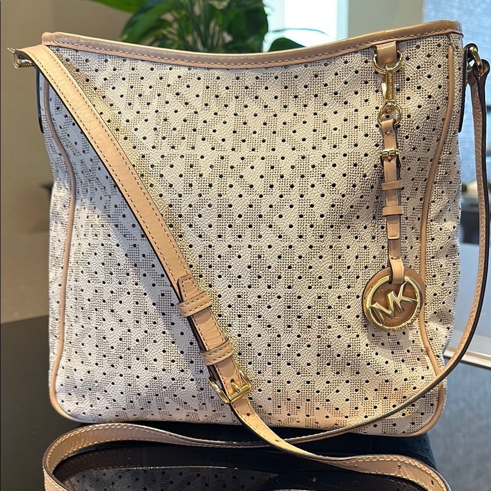 Michael Kors Perforated Cream and Tan  Crossbody Bag